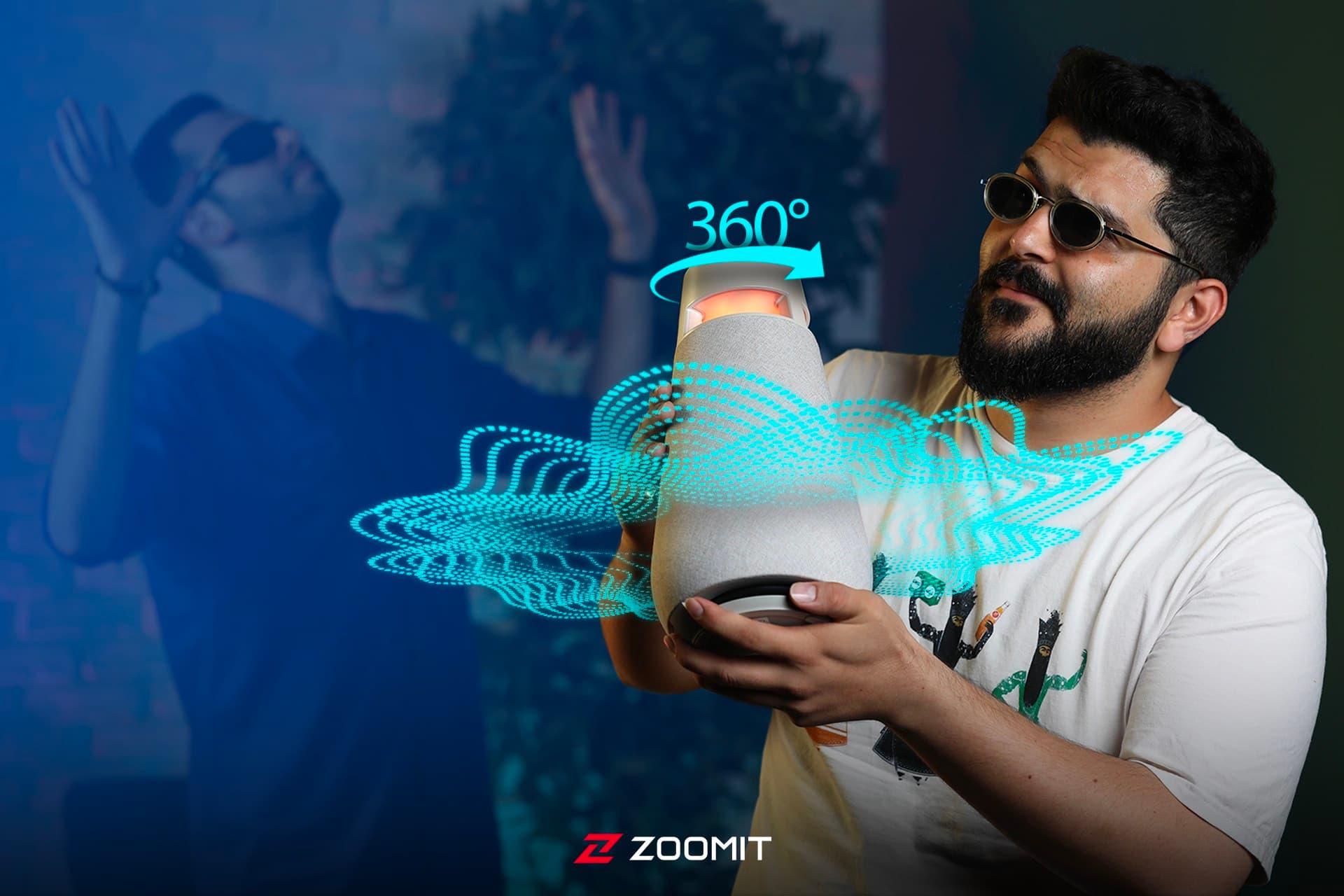 اسپیکر ال جی XBOOM 360 در دست پسر جوان با لباس سفید