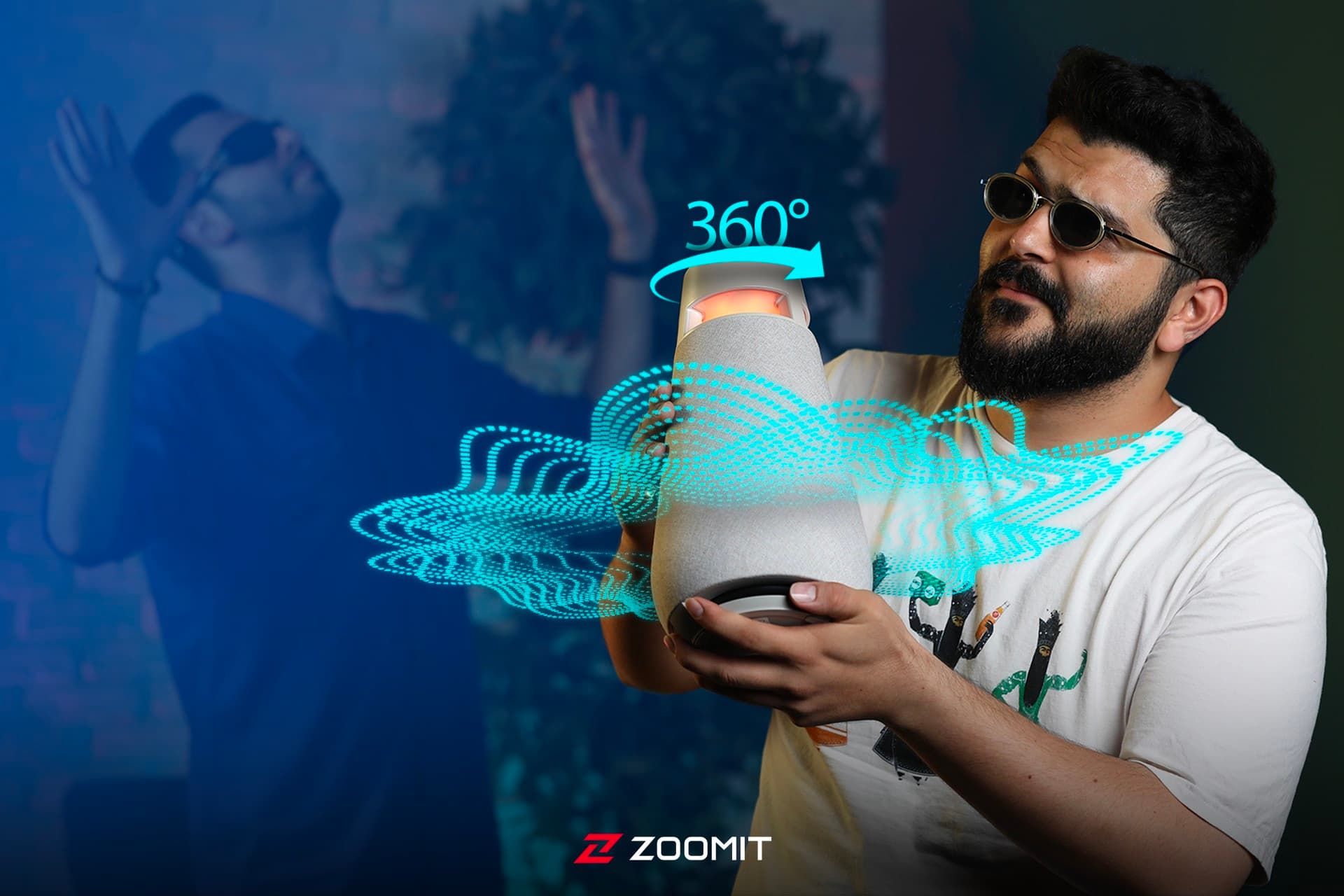 اسپیکر ال جی XBOOM 360 در دست پسر جوان با لباس سفید