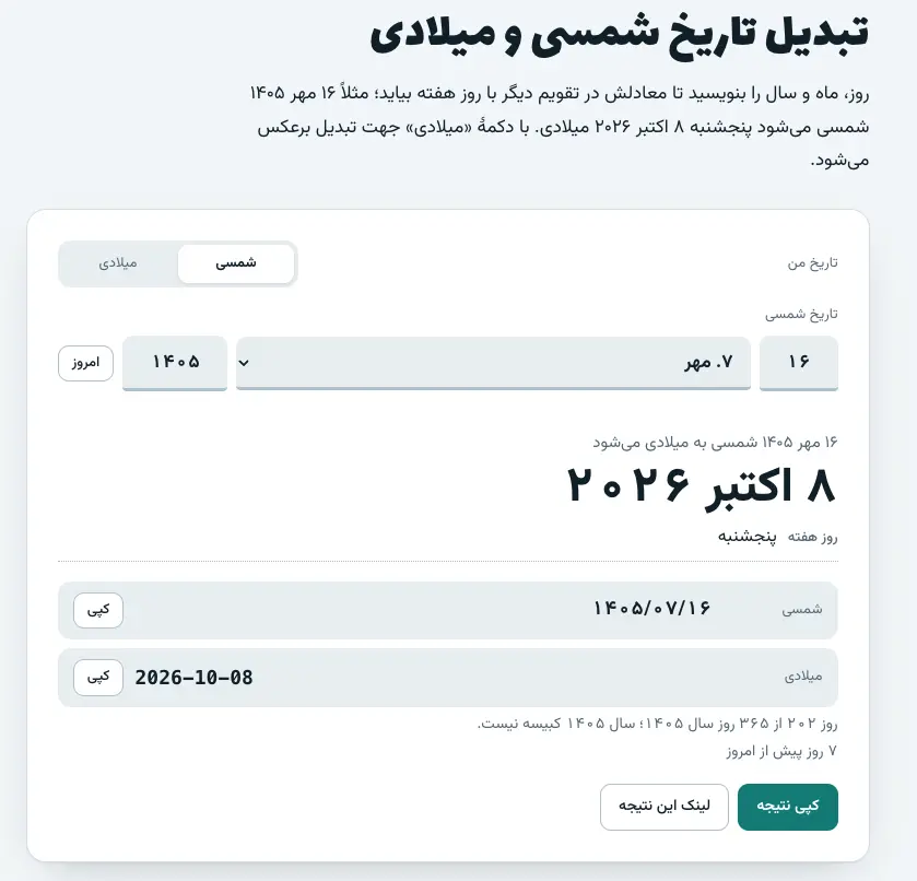 رابط کاربری ابزار آنلاین کاویزو برای تبدیل تاریخ شمسی به میلادی