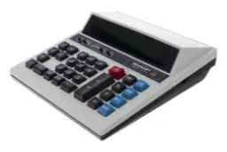 نمای نیمرخ ماشین حساب شارپ CS-2122 با نمایش صفحه کلید، لوگو و نمایشگر