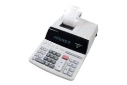 نمای نیمرخ ماشین حساب شارپ EL-2607PG با نمایشگر روشن و نمایش صفحه کلید و چاپگر