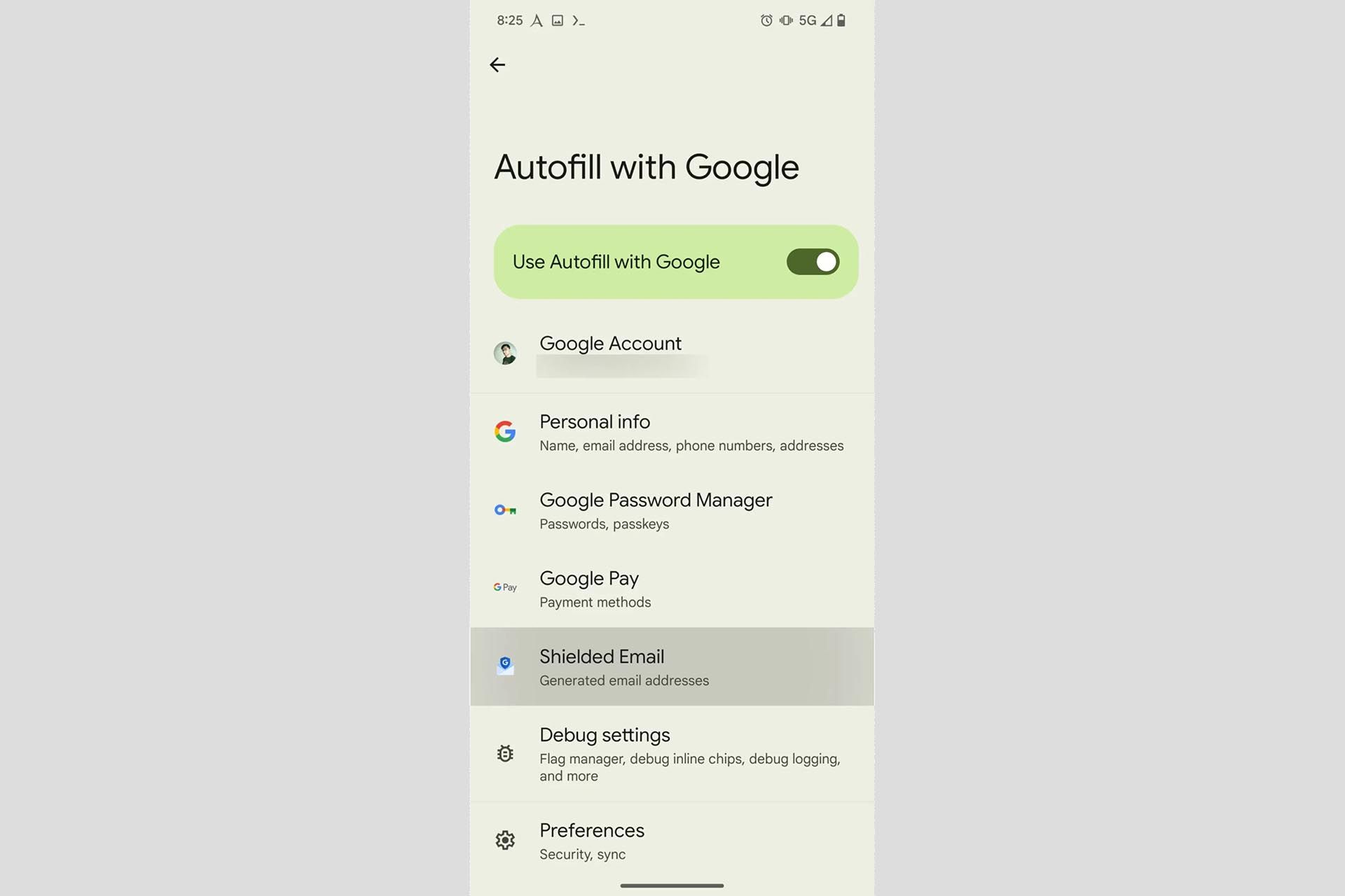 قابلیت Shielded Email در منوی Autofill اندروید