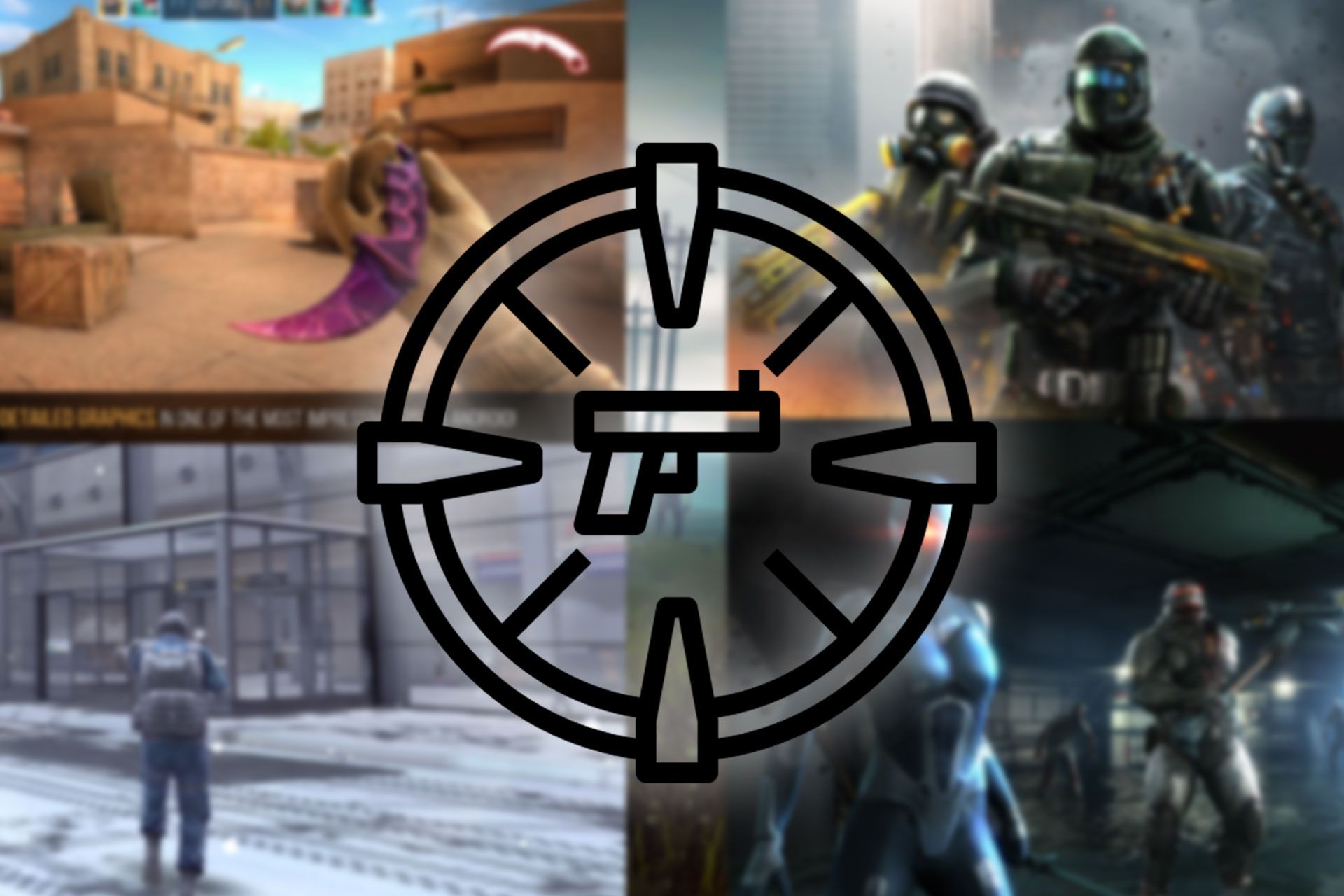 تصاویری از بازی های شوتر که جلوی آن های وکتور تفنگ و  سیبل قرار دارد