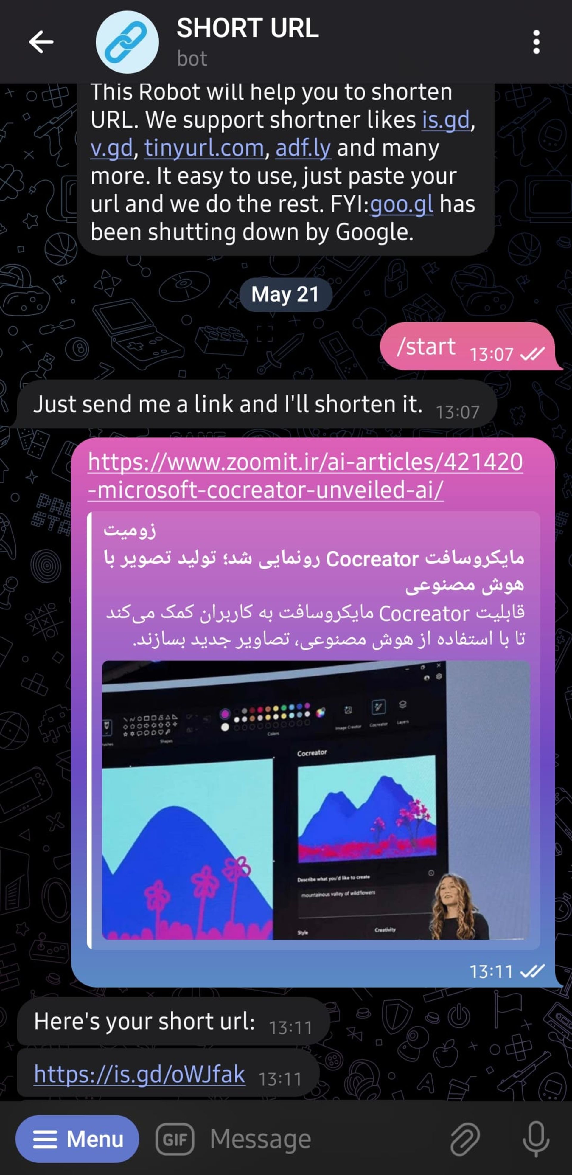 دریافت لینک کوتاه از ربات SHORT URL در تلگرام دارک مود