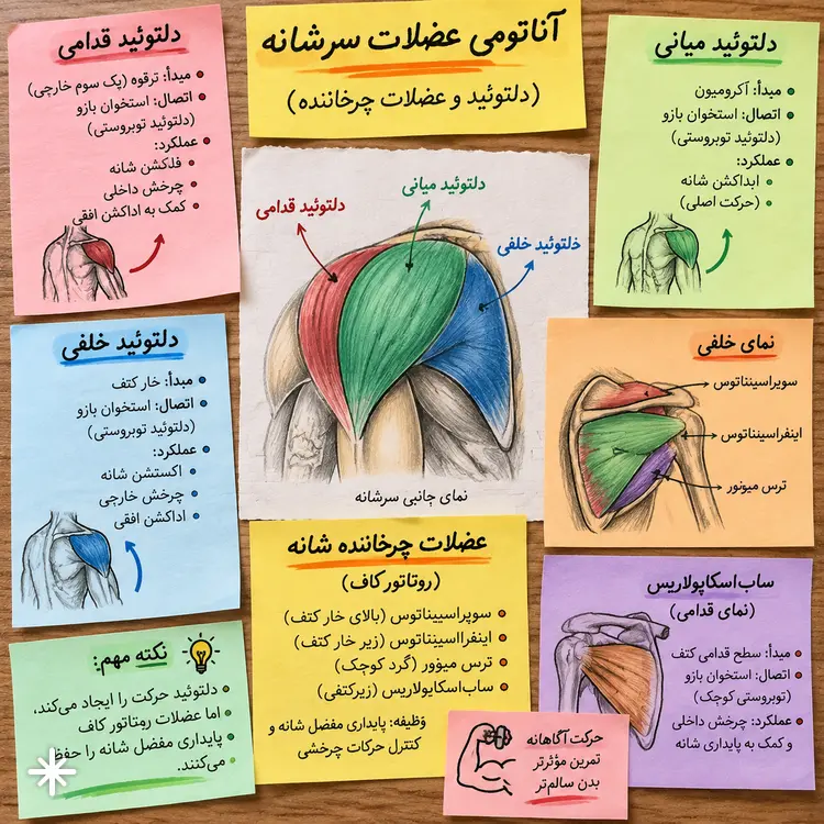ساختار عضلات دلتوئید (Deltoid) و عضلات چرخاننده شانه روی برگه‌های آموزشی