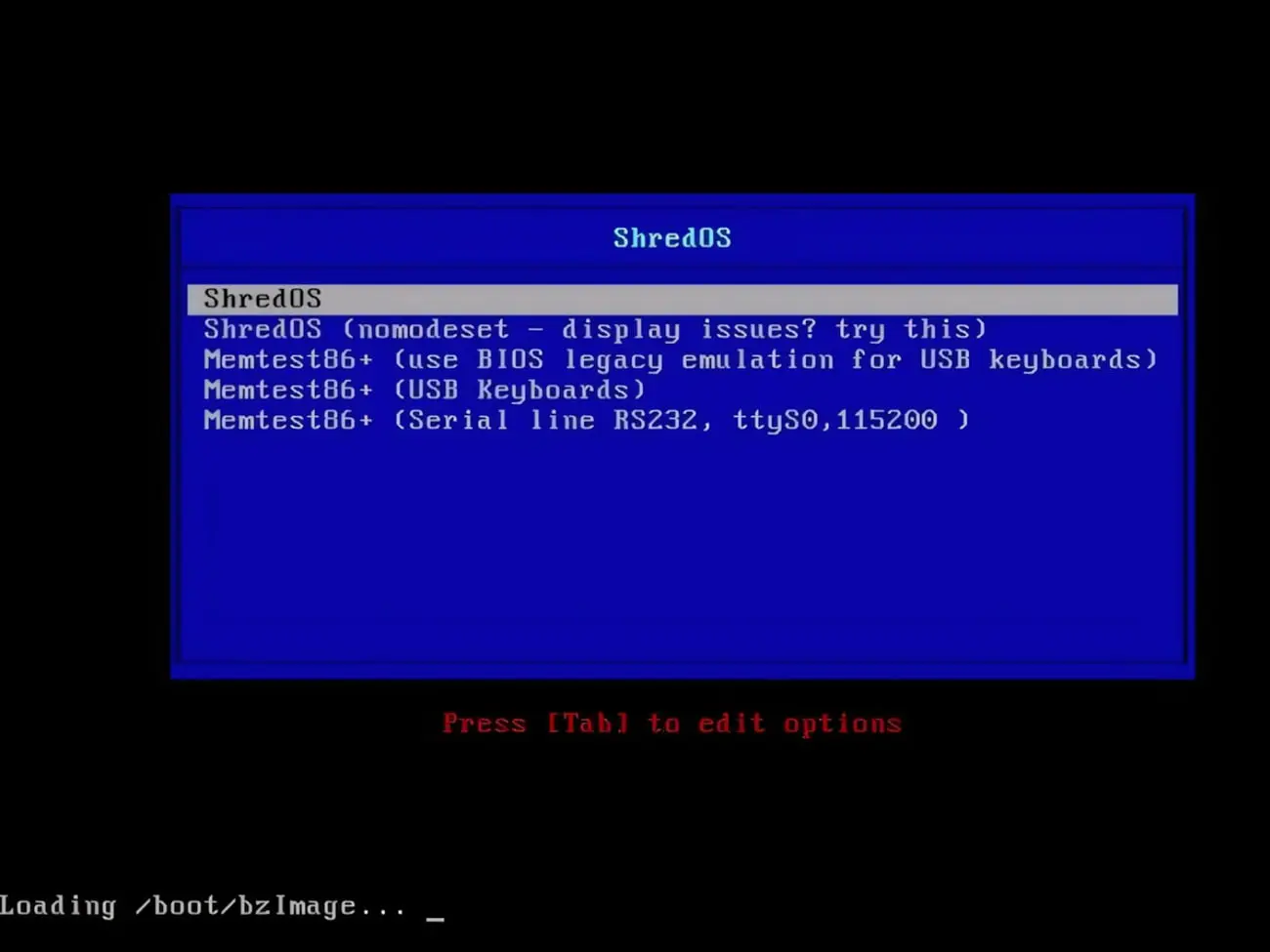 منوی انتخاب سیستم عامل ShredOS در محیط بوت کامپیوتر