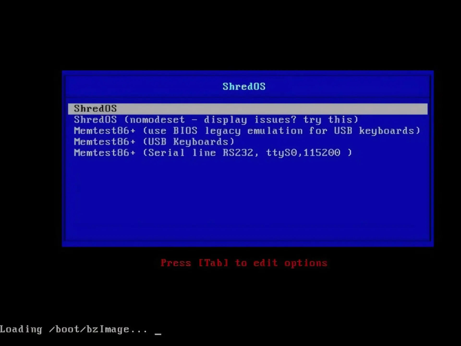 منوی انتخاب سیستم عامل ShredOS در محیط بوت کامپیوتر