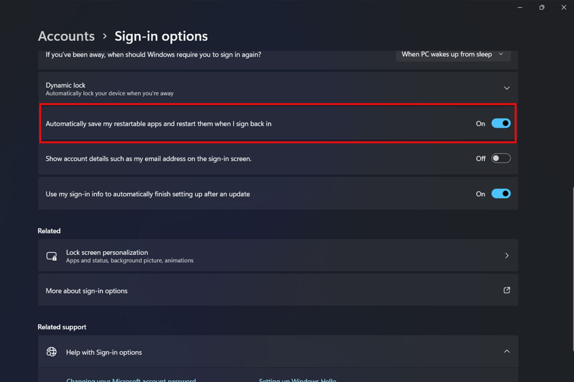 تنظیمات Sign-in options