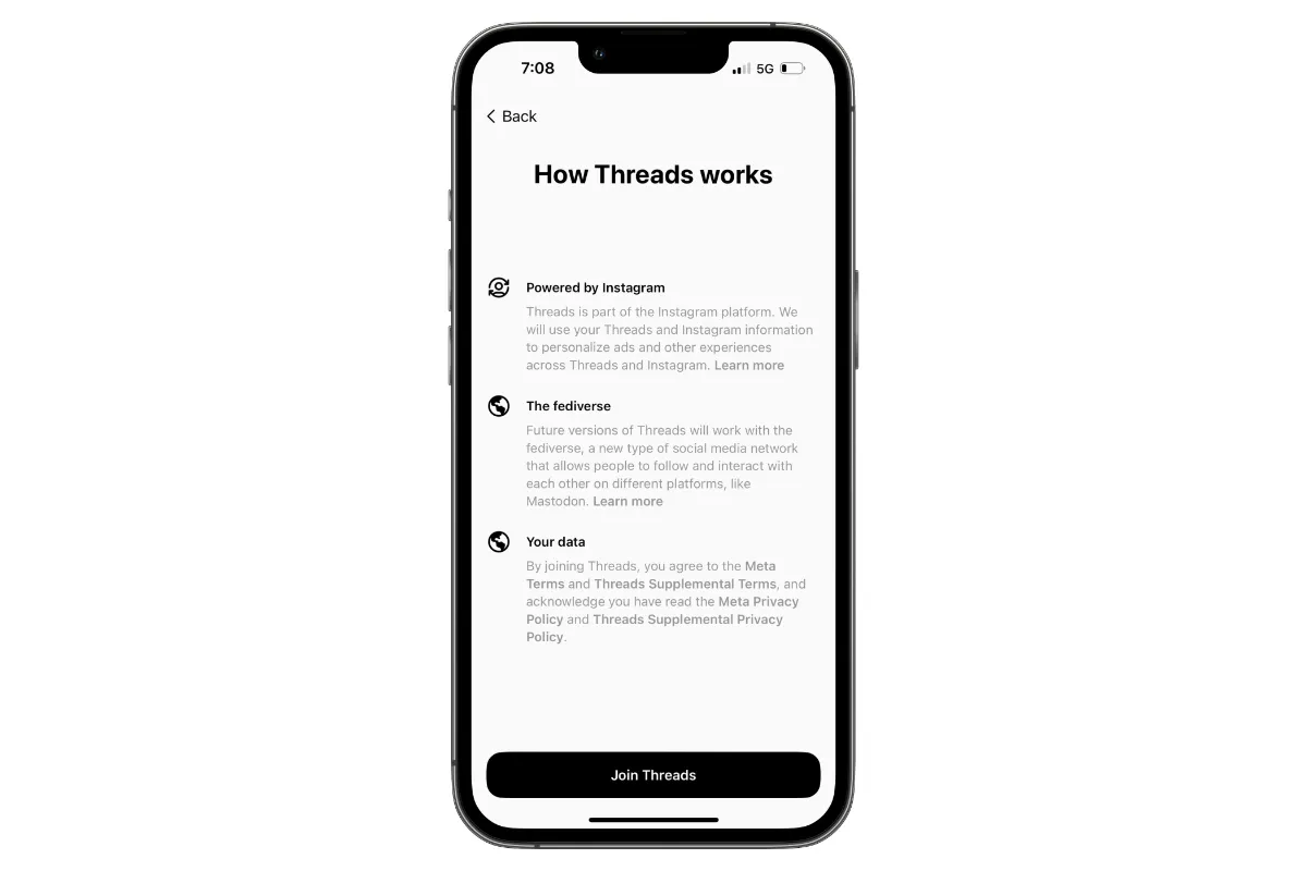 The final Instagram Threads registration page