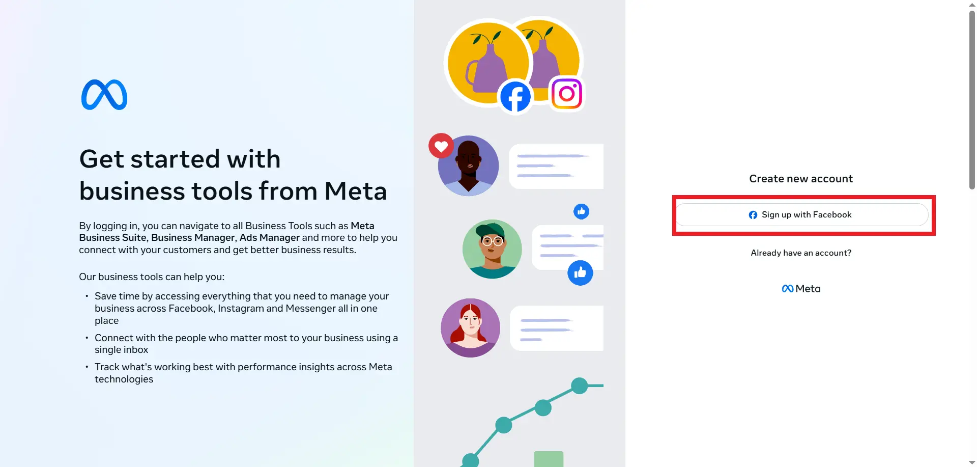 گزینه‌ی signup with facebook در meta business suite