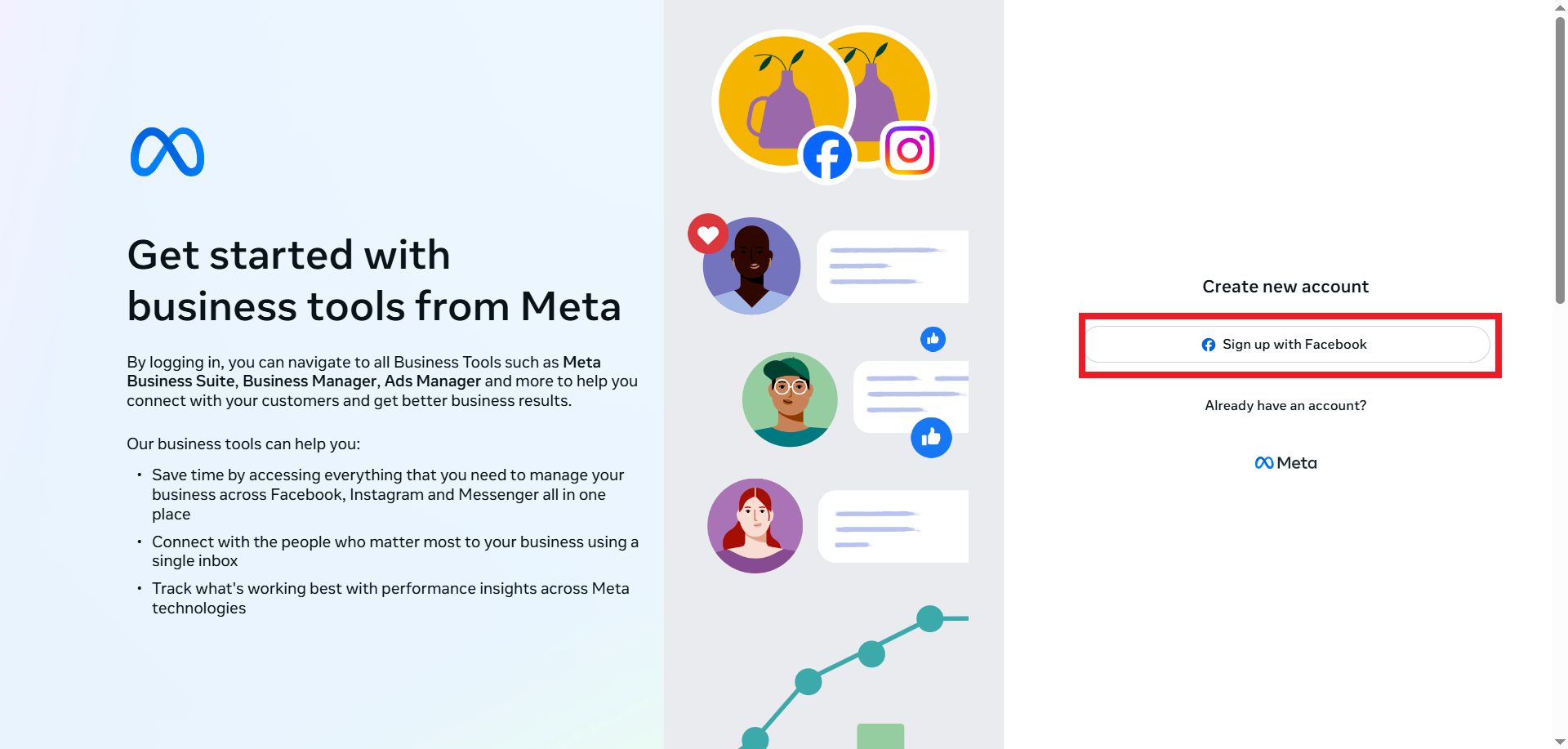 گزینه‌ی signup with facebook در meta business suite