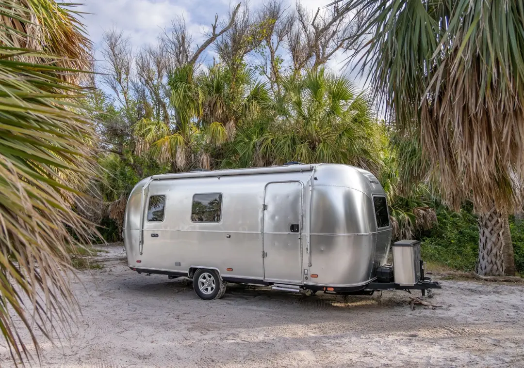 کاروان نقره‌ای (Airstream style) پارک شده در میان درختان نخل