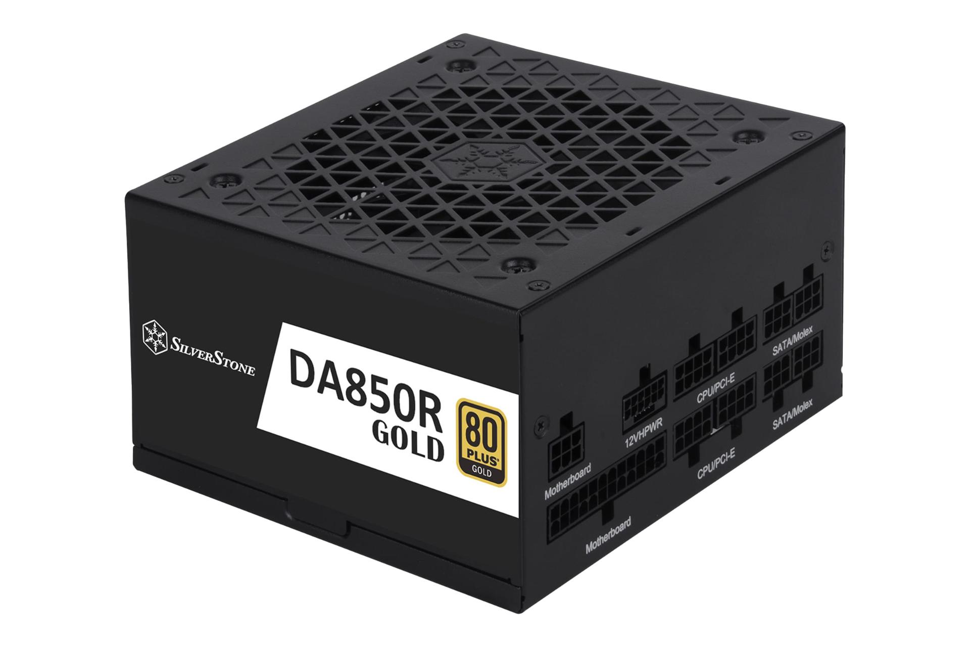 نمای نیمرخ پاور کامپیوتر سیلور استون DA850R Gold با توان 850 وات با نمایش فن، اتصالات و لوگو