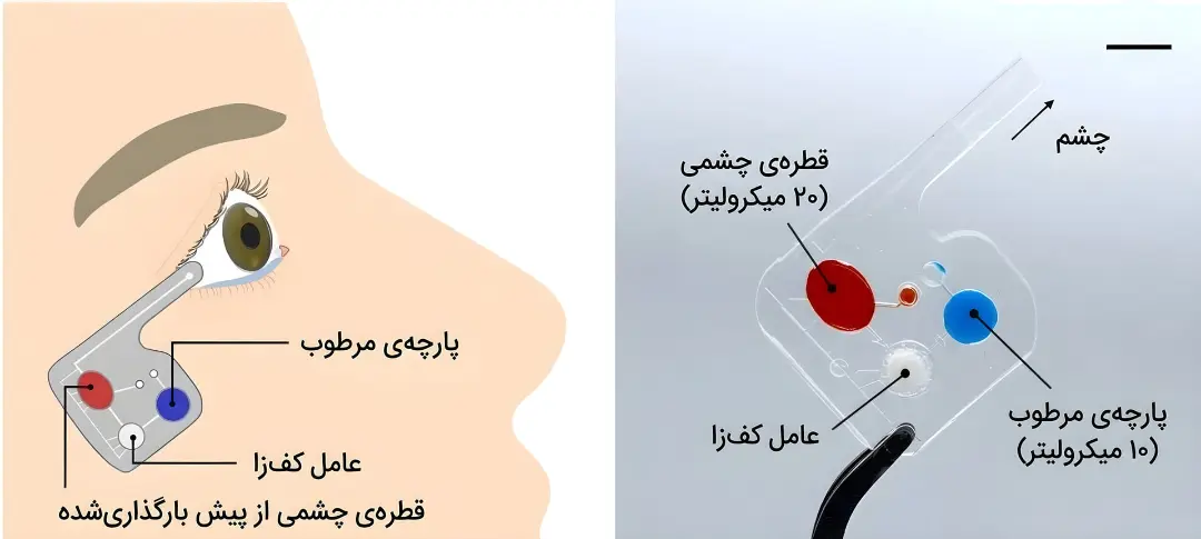 نمودار ساختار دستگاه SIMP شامل قطره چشمی، پارچه مرطوب و عامل کف‌زا