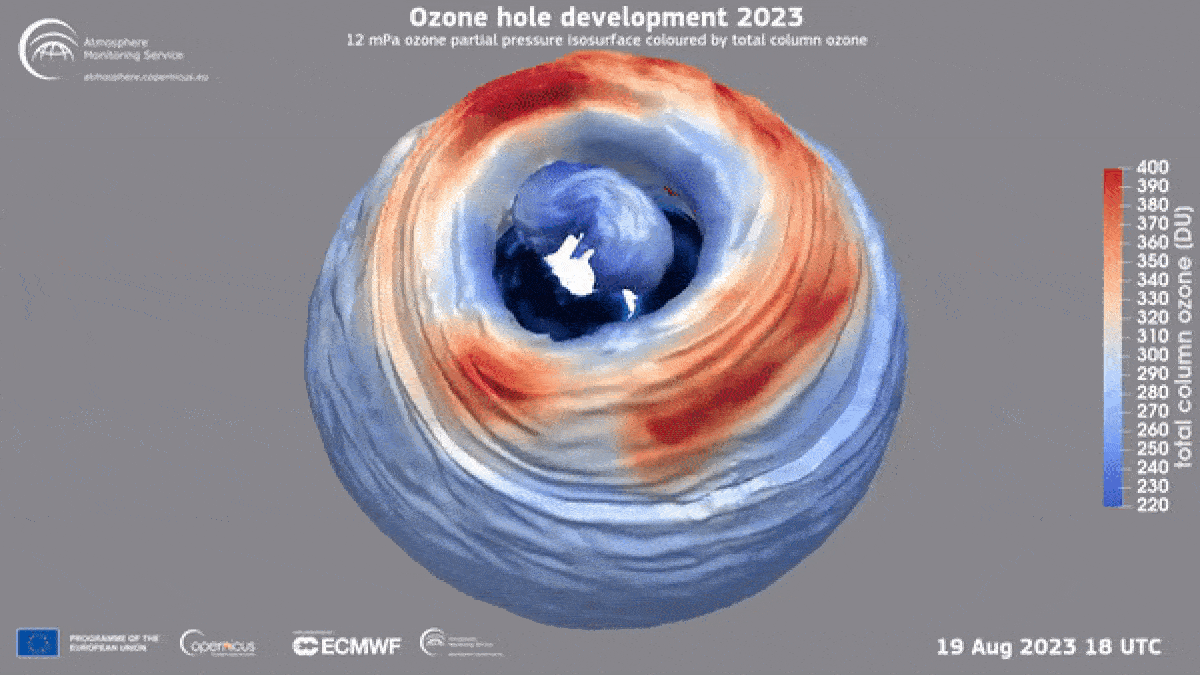 شبیه‌سازی از روند شکل‌گیری سوراخ اوزن برفراز جنوبگان در سال ۲۰۲۳