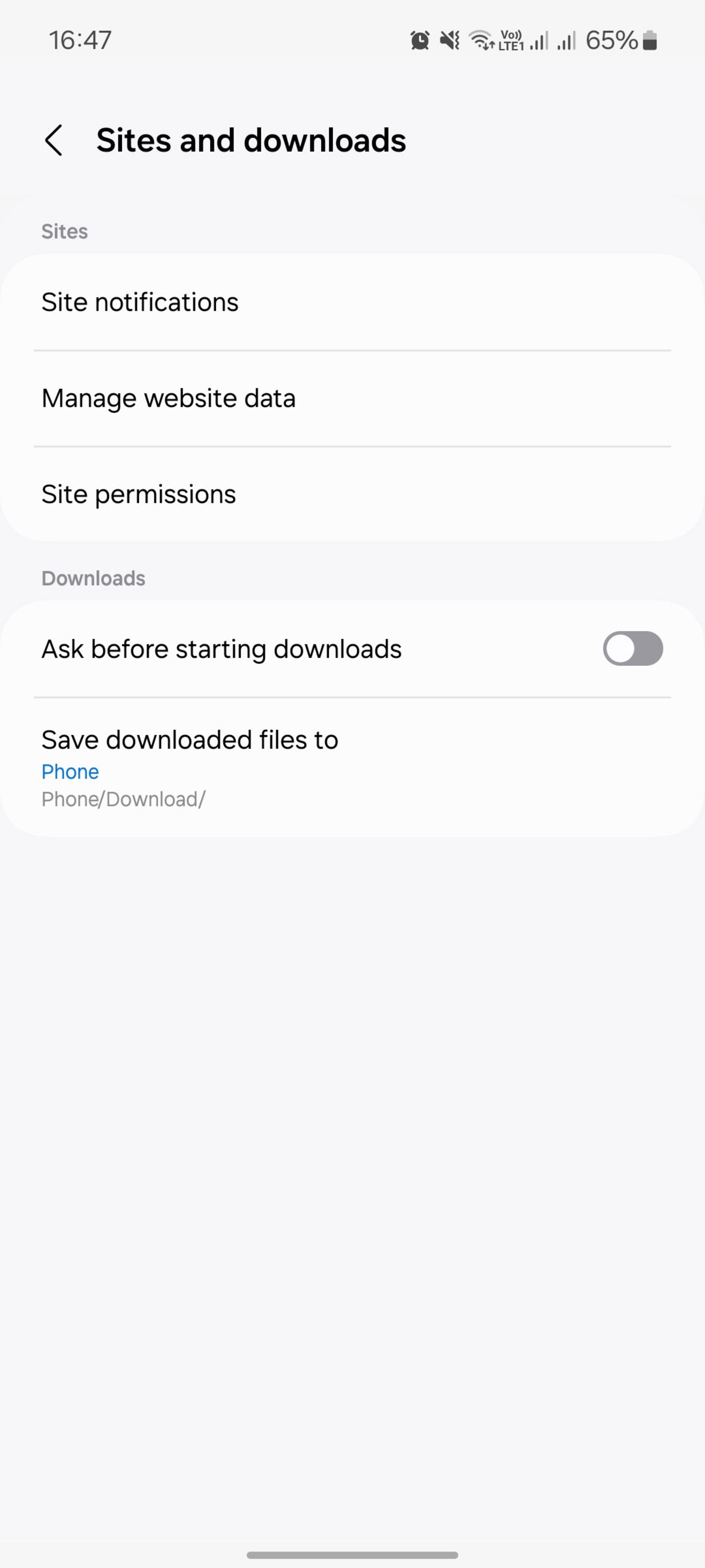 تنظیمات Sites and downloads در مرورگر سامسونگ