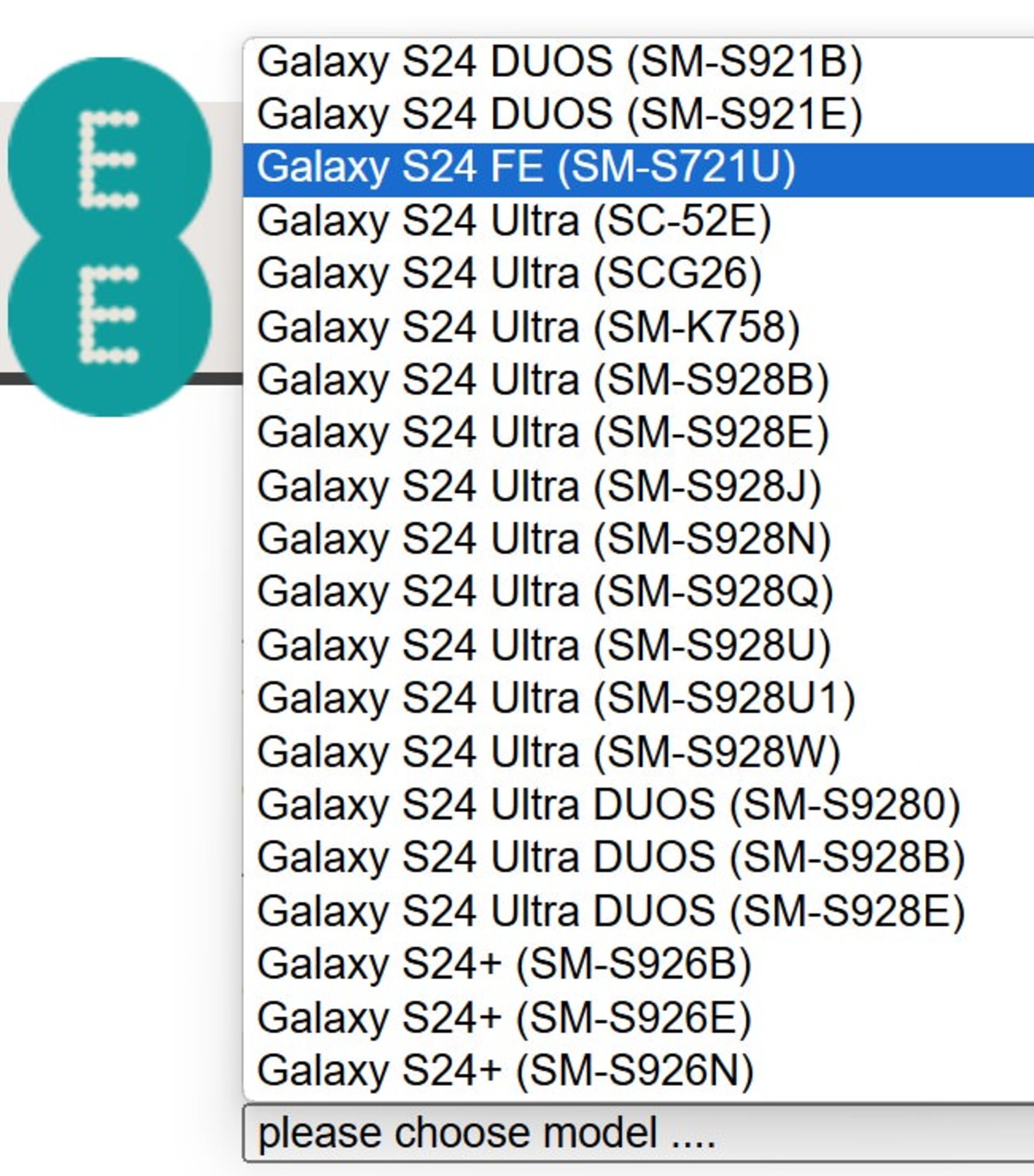 حضور گوشی گلکسی S24 FE در لیست اپراتور EE با شماره مدل SM-721U