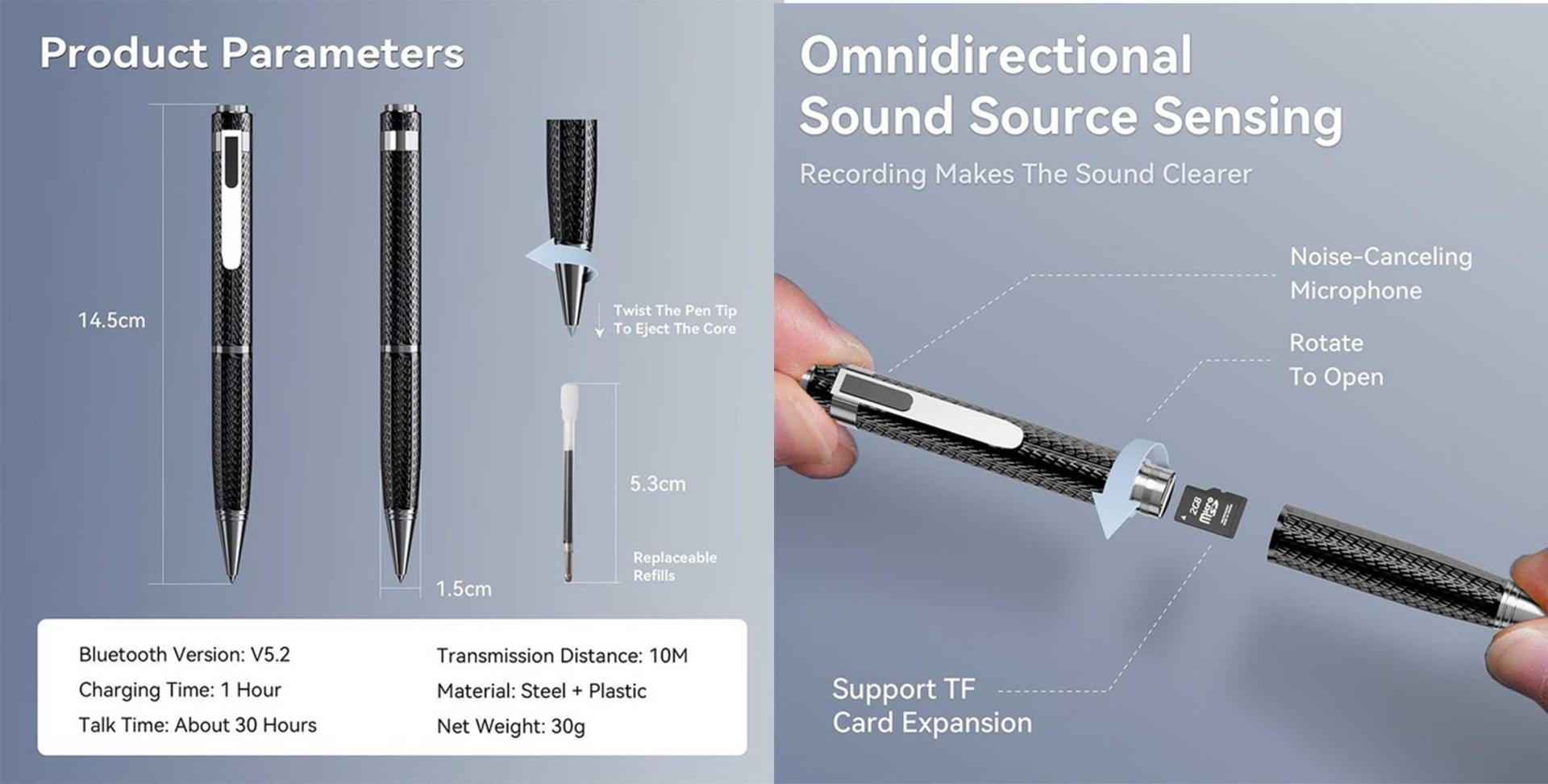 تصاویر شامل ابعاد قلم و برخی از قابلیت‌های قلم One Smart AI Pen 