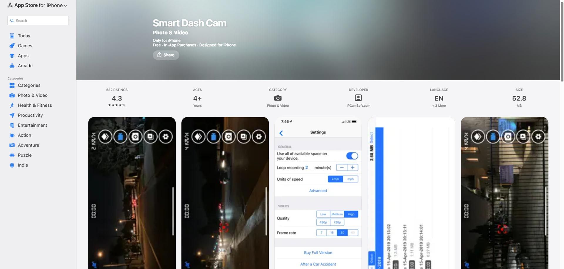 اسکرین‌شات از صفحه‌ی اپ استور Smart Dash Cam