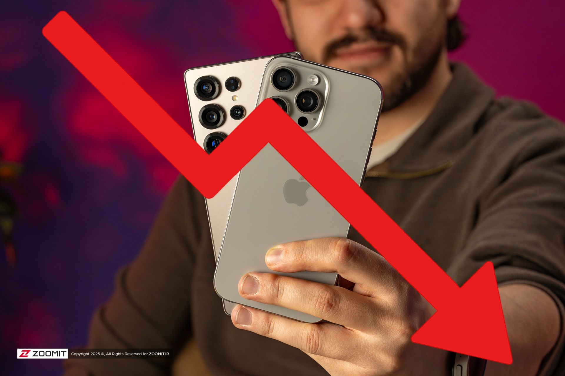 دو گوشی به همراه یک فلش نزولی