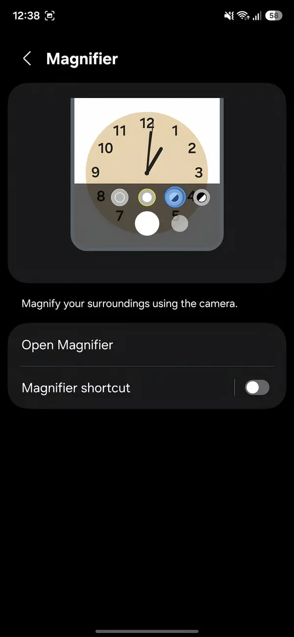 قابلیت ذره‌بین (Magnifier) در تنظیمات دسترسی گوشی هوشمند برای افراد کم‌بینا