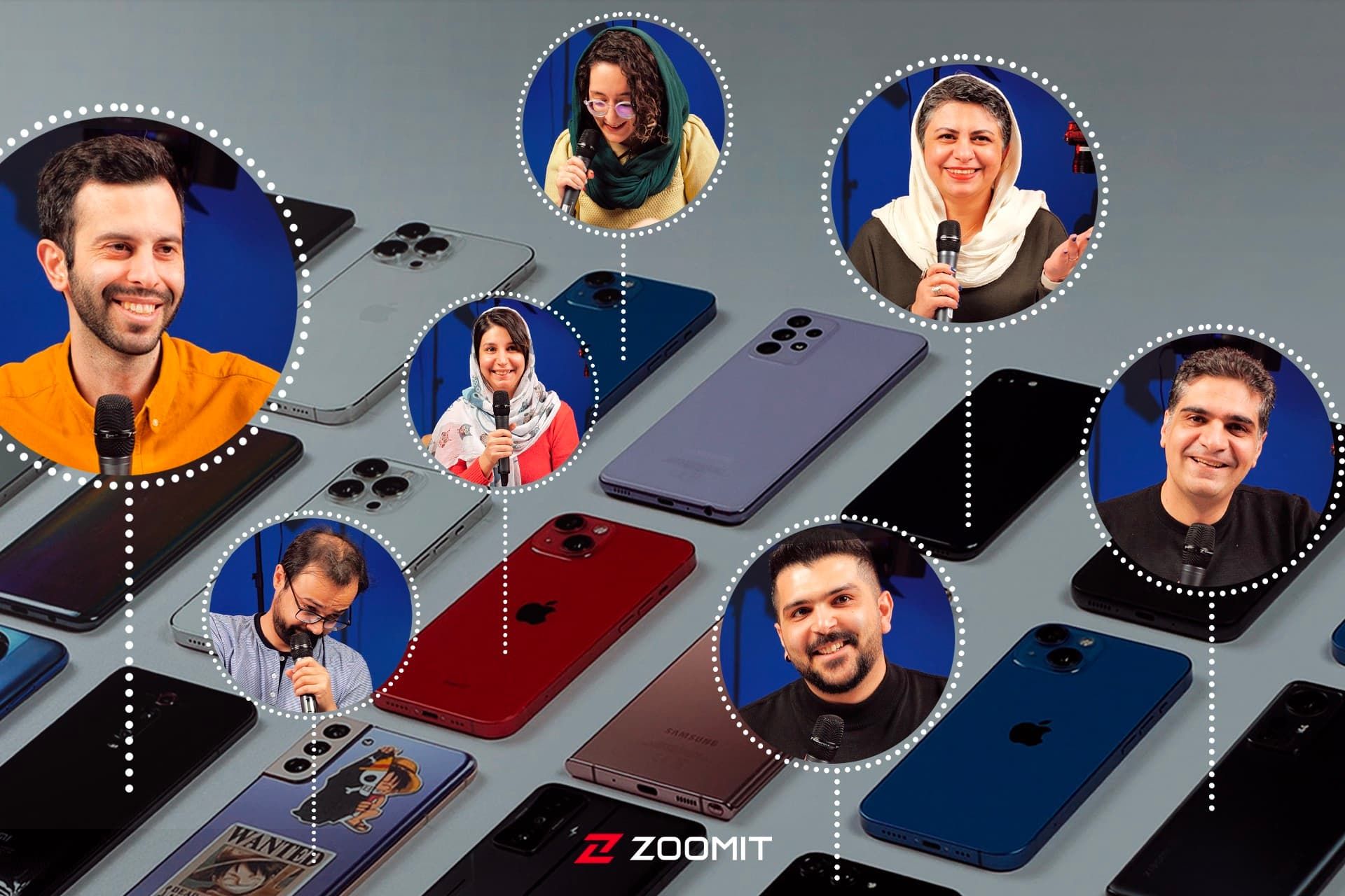 گوشی های هوشمند روی میز با عکس اعضای زومیت