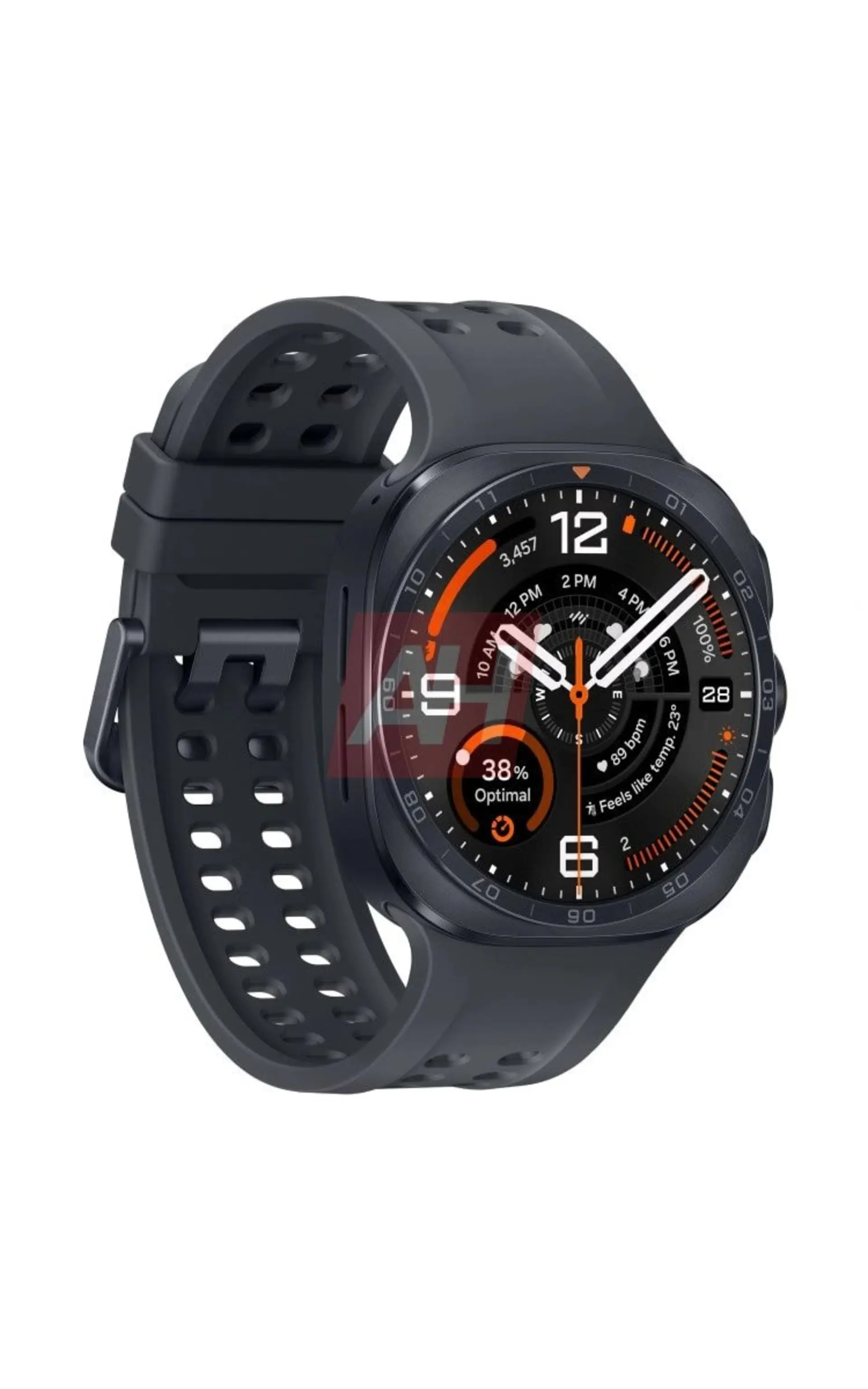 نمای نزدیک از یک ساعت هوشمند مشکی با صفحه نمایش دیجیتال و نمایشگرهای فعالیت بدنی