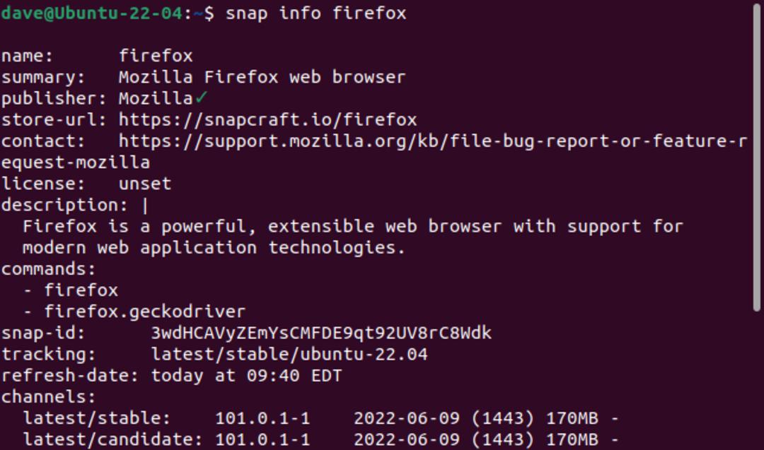 دستور snap info firefox و خروجی آن در اوبونتو