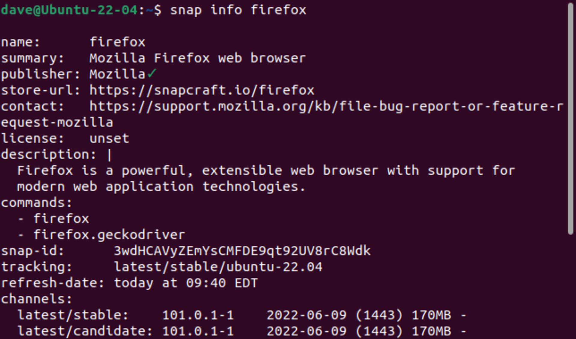 دستور snap info firefox و خروجی آن در اوبونتو