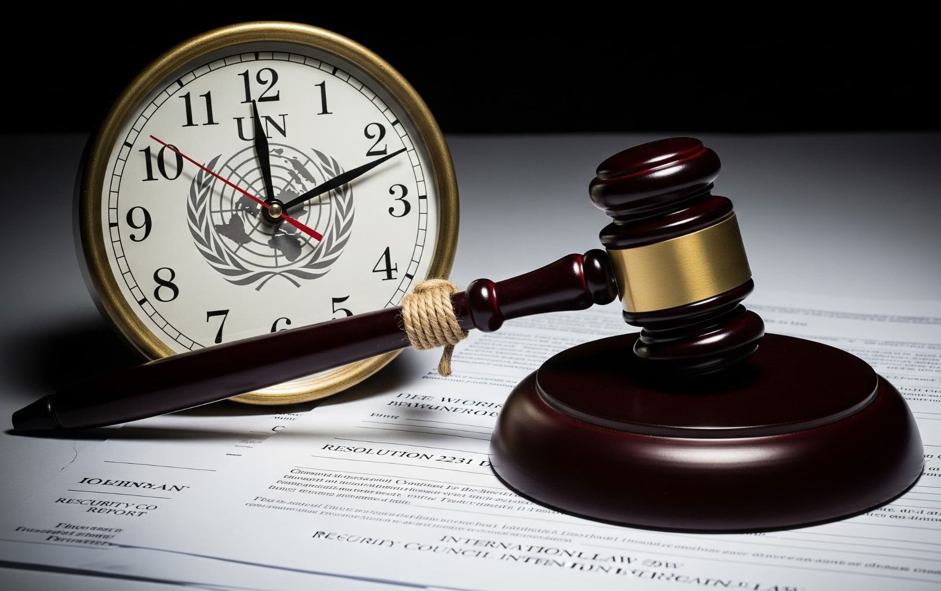 طرح هوش مصنوعی از ساعتی با المان سازمان ملل و چکش دادگاه