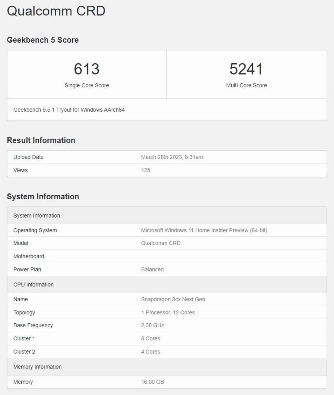 امتیاز گیک بنچ نمونه مهندسی تراشه Snapdragon 8cx gen 4