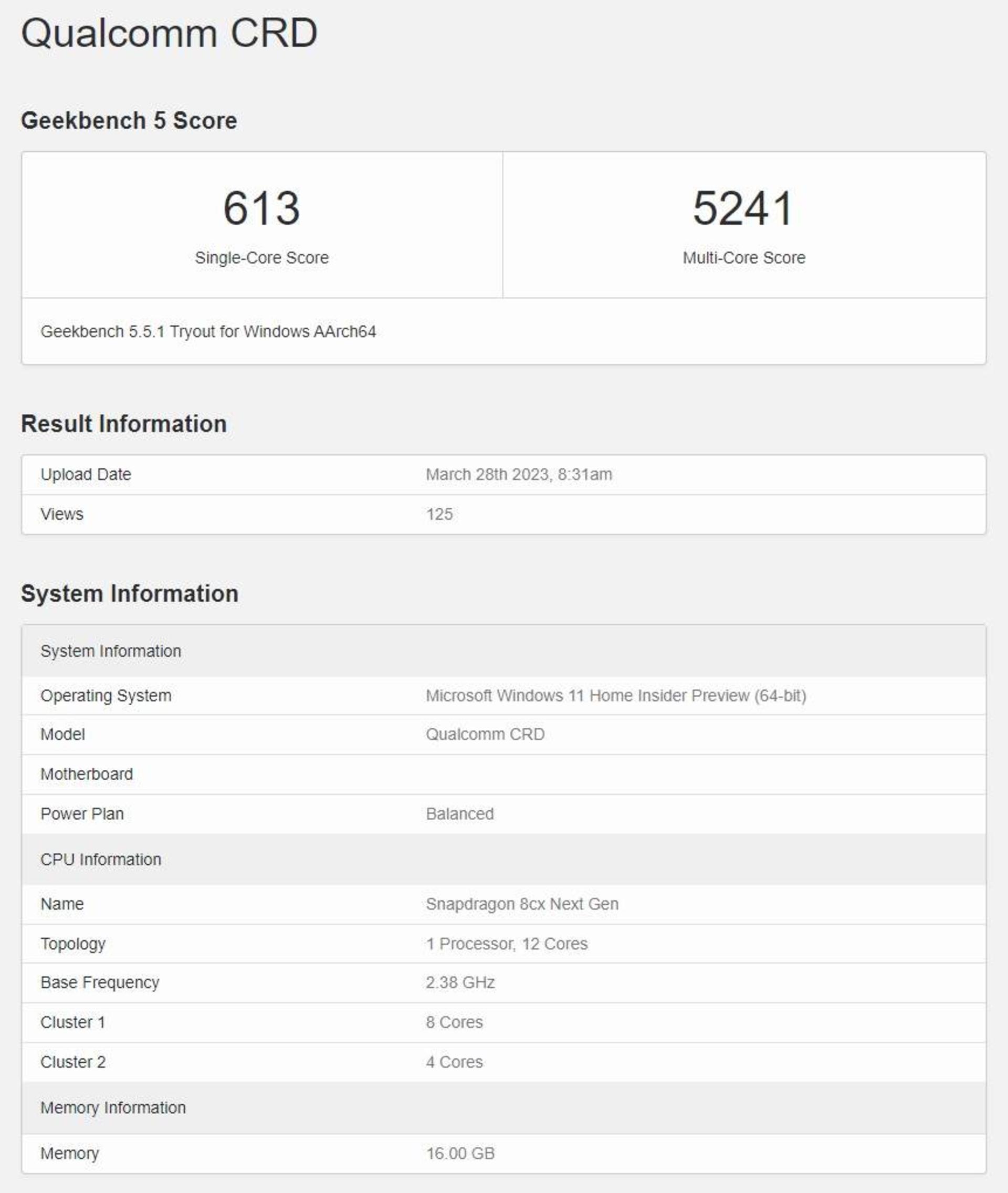 امتیاز گیک بنچ نمونه مهندسی تراشه Snapdragon 8cx gen 4