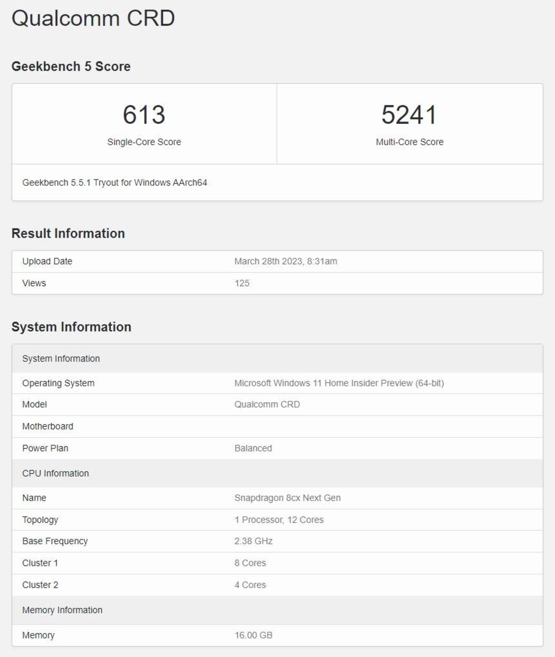 امتیاز گیک بنچ نمونه مهندسی تراشه Snapdragon 8cx gen 4