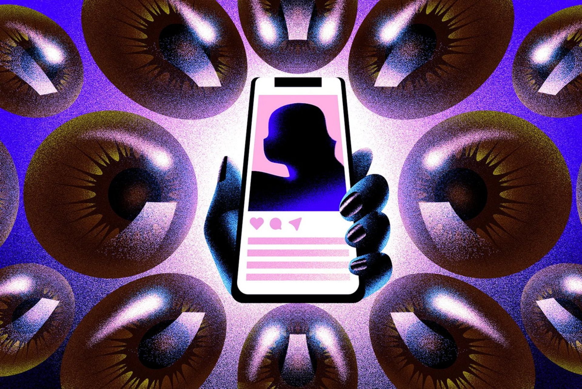 تصویر گرافیکی چشم‌هایی که عکس شبکه اجتماعی را زیر نظر دارند