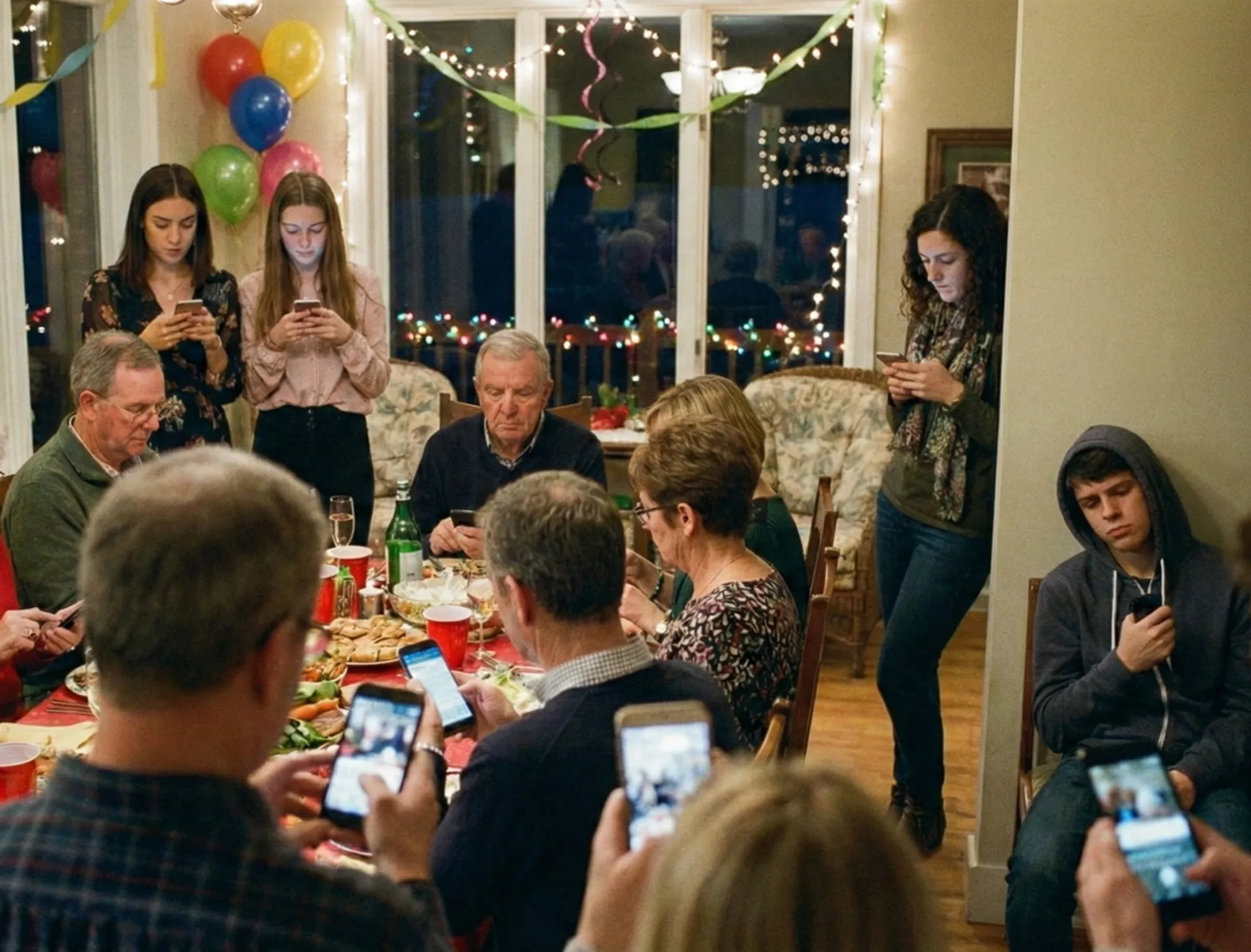 عده‌ای در میهمانی در حال نگاه کردن به گوشی