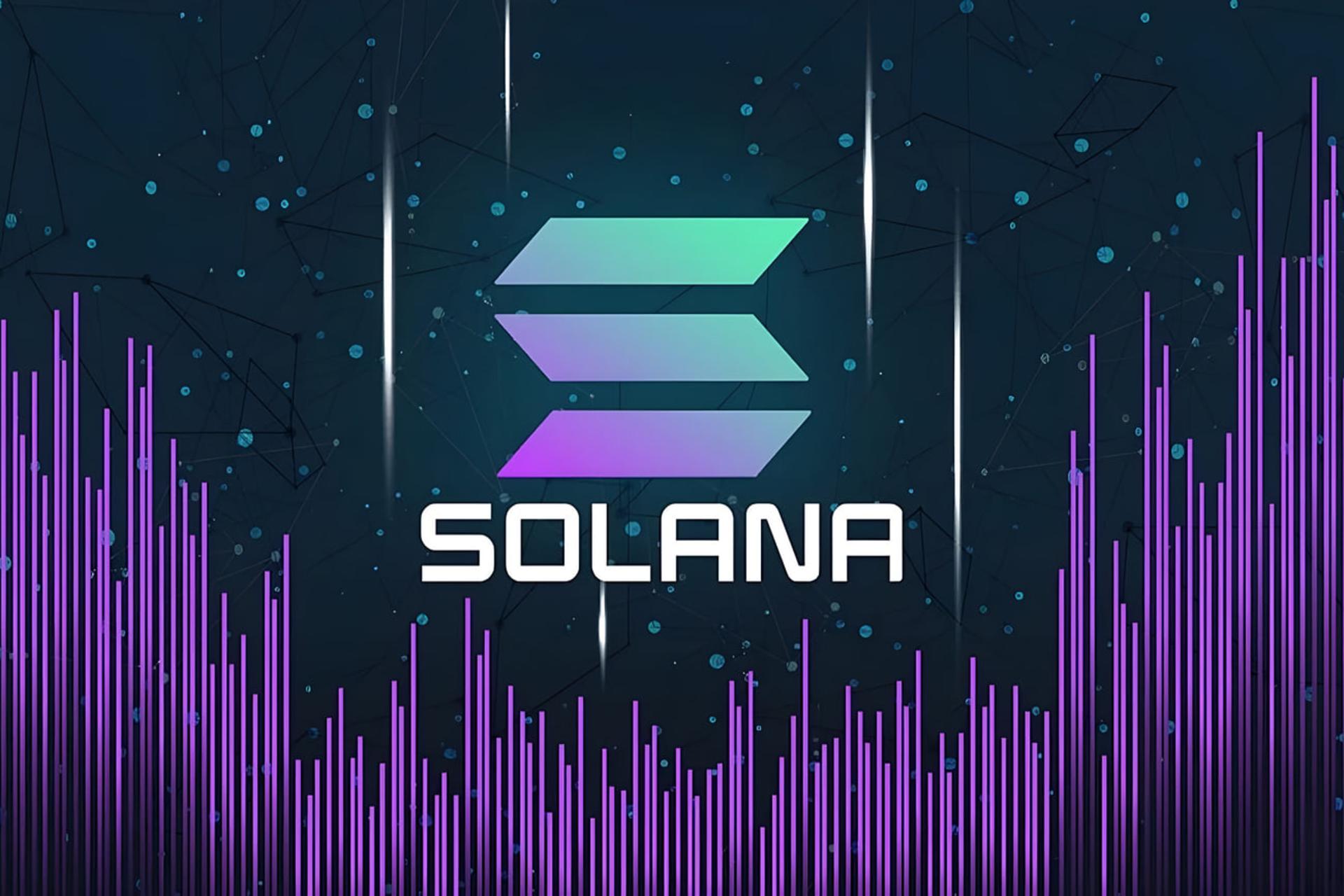 لوگوی سولانا (Solana) روی پس‌زمینه‌ای با نمودارهای فرکانسی بنفش