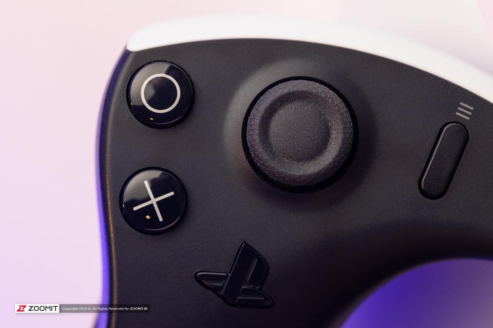 A close-up of the PlayStation VR 2 virtual reality headset controller buttons