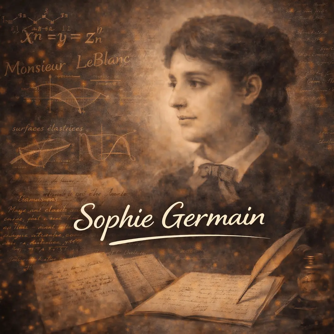 سوفی ژرمن (Sophie Germain) در کنار نوشته‌های ریاضی و فرمول‌های علمی