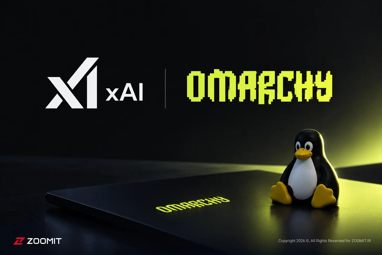 لوگوی اسپیس‌ایکس‌ای‌آی (SpaceXAI) و اوماکوم (Omarchy) در کنار مجسمه پنگوئن لینوکس