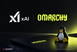 لوگوی اسپیس‌ایکس‌ای‌آی (SpaceXAI) و اوماکوم (Omarchy) در کنار مجسمه پنگوئن لینوکس