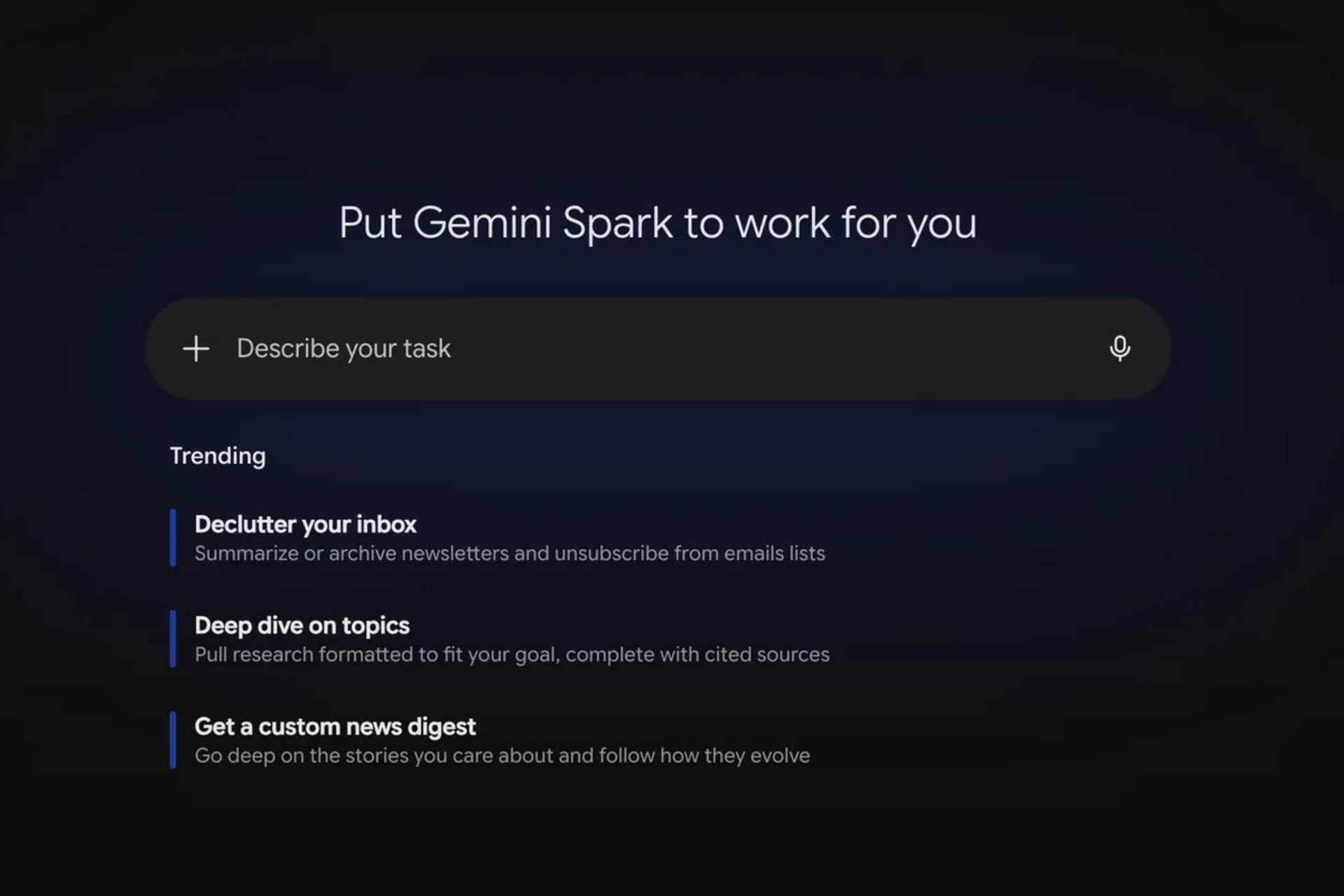 صفحه اول Gemini Spark برای دریافت تسک