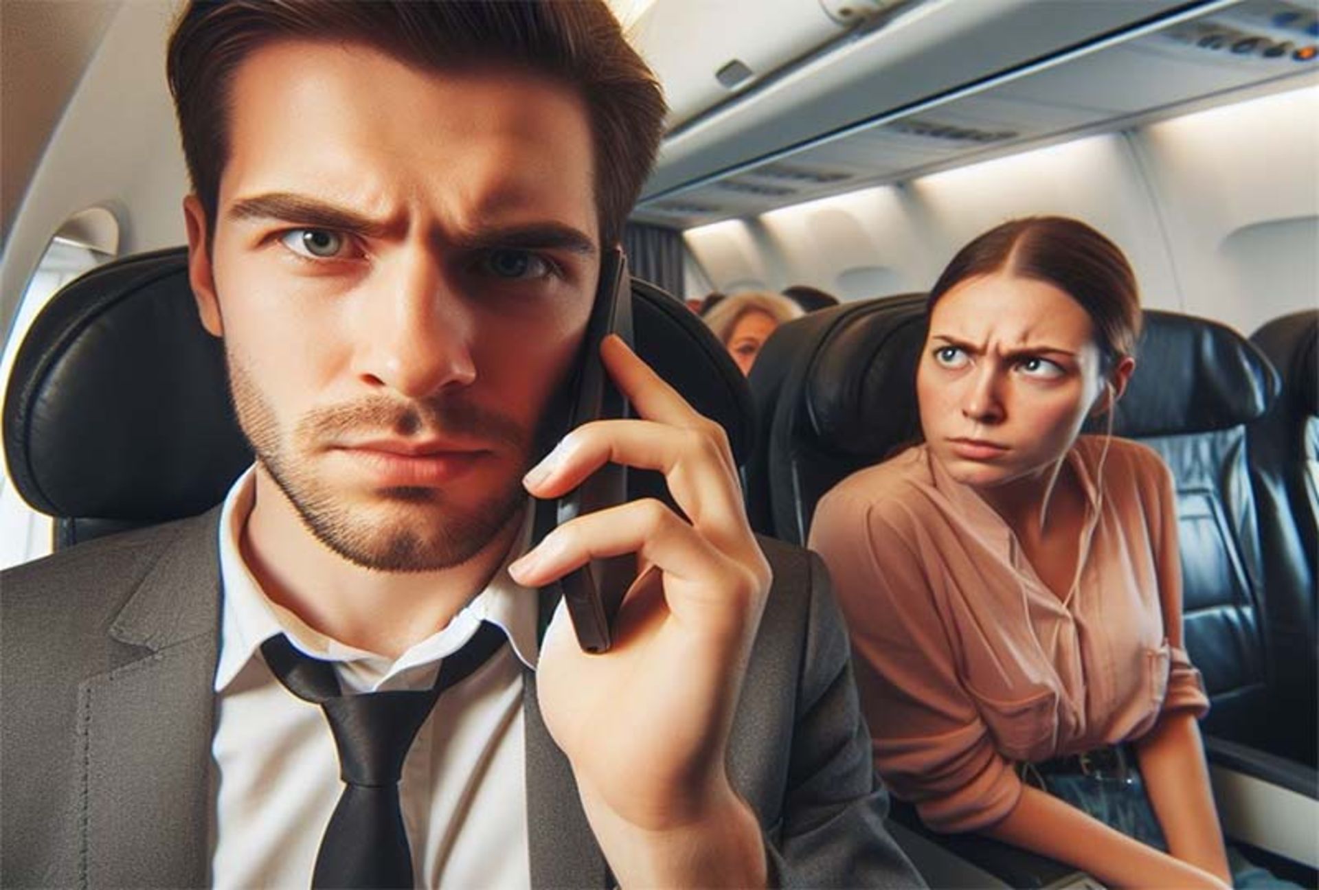Someone is talking on a cell phone on the plane and another person is looking at him angrily.