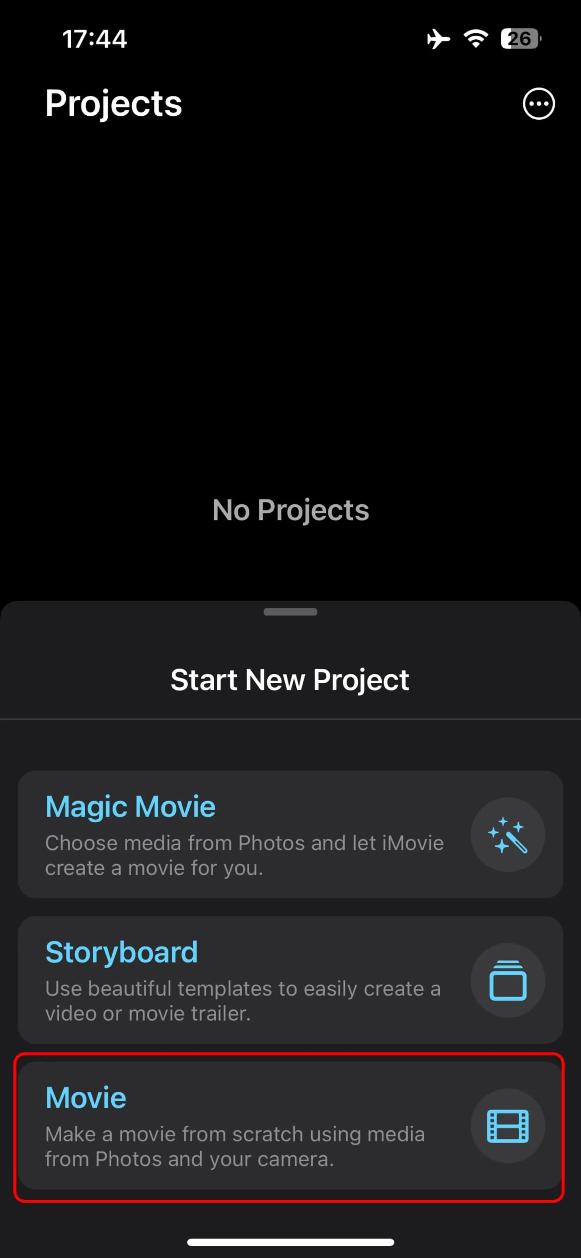 انتخاب  گزینه‌ی Movie درقسمت Start New Project