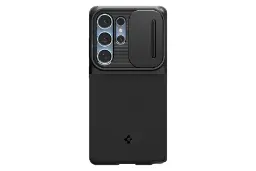 نمای پنل پشت قاب گوشی اسپیگن مدل Optik Armor مناسب سامسونگ Galaxy S25 Ultra با نمایش لوگو رنگ مشکی