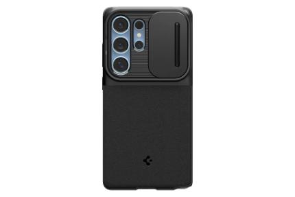 نمای پنل پشت قاب گوشی اسپیگن مدل Optik Armor مناسب سامسونگ Galaxy S25 Ultra با نمایش لوگو رنگ مشکی