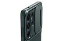 نمای نزدیک پنل پشت قاب گوشی اسپیگن مدل Optik Armor مناسب سامسونگ Galaxy S25 Ultra با نمایش کاور دوربین رنگ سبز