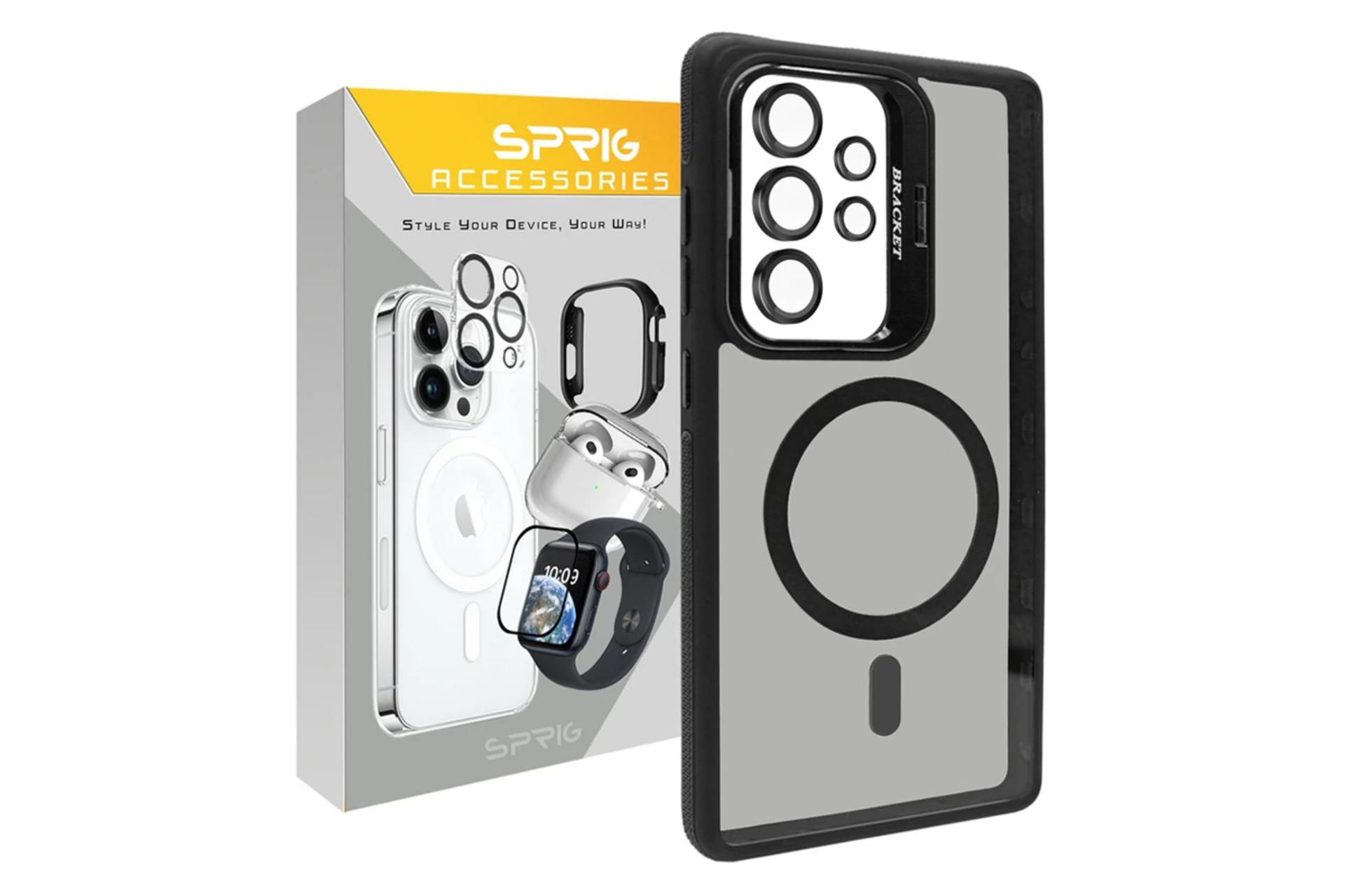 جعبه قاب گوشی اسپریگ مدل STND Bracket Ring مناسب سامسونگ Galaxy S25 Ultra همراه با محافظ لنز