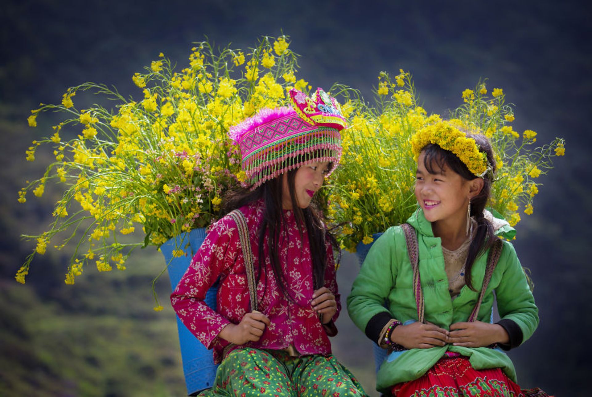 دو دختر بچه با بوته‌های گل در حال خندیدن