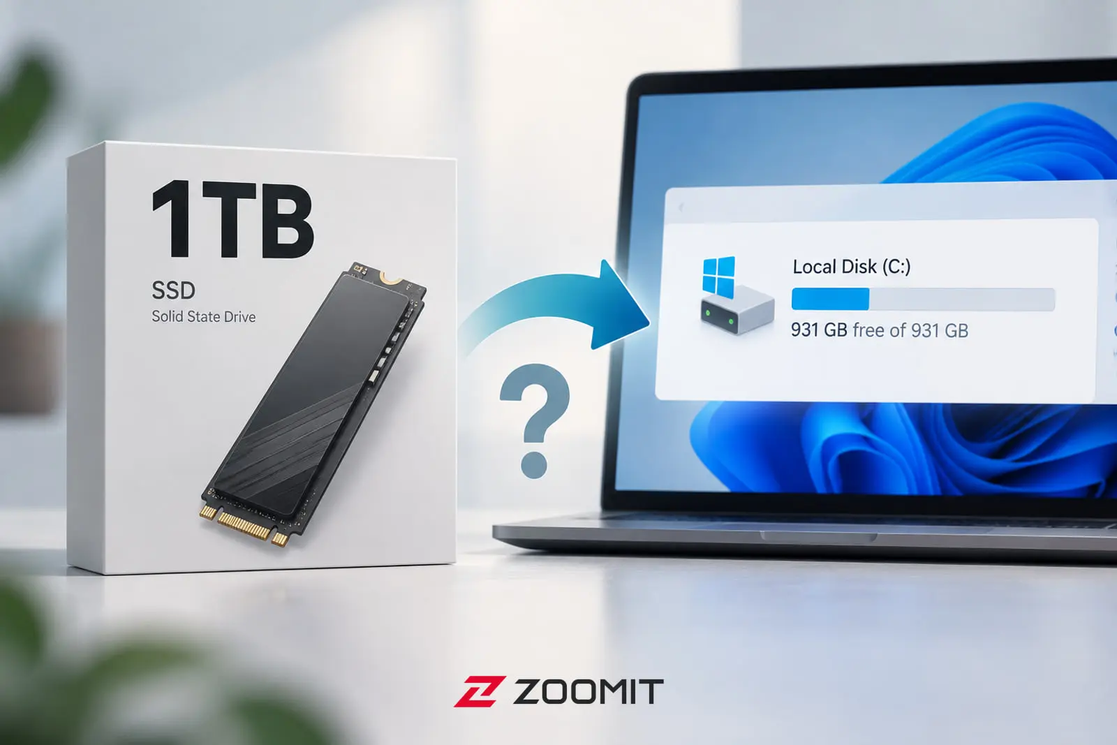 SSD یک ترابایتی در کنار نمایشگر لپ‌تاپ ویندوز