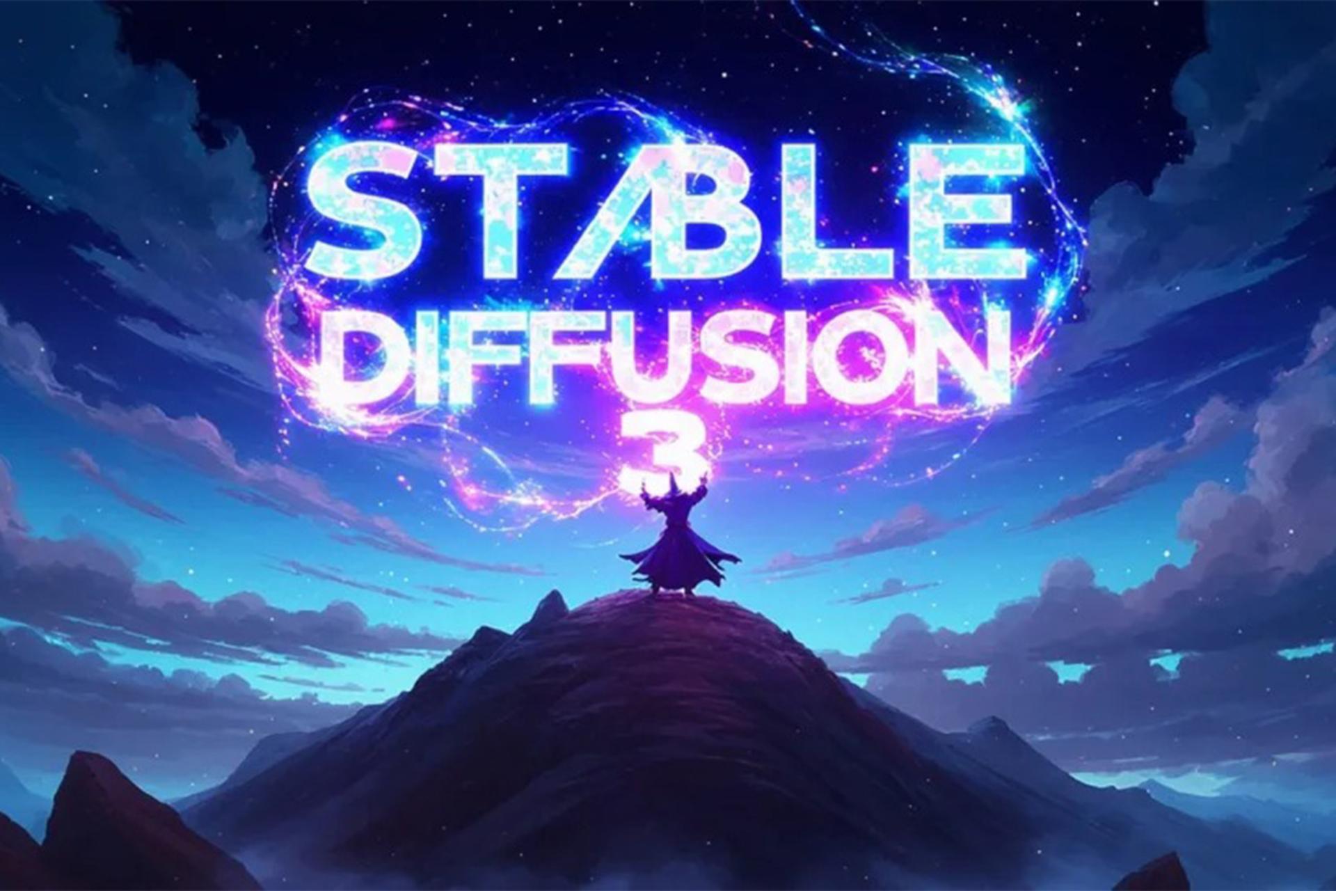 شخصی در بالای کوه و نمایش لوگوی Stable Diffusion 3